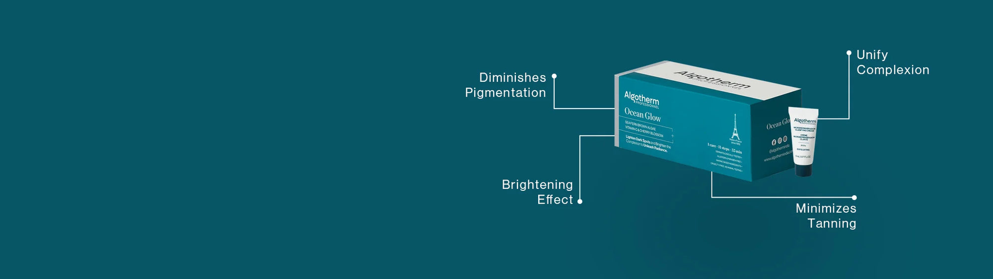 Desktop banner for Algotherm Ocean Glow, showcasing Diminishes Pigmentation, Unify Complexion, Brightening Effect and Minimizes Tanning with product visuals.