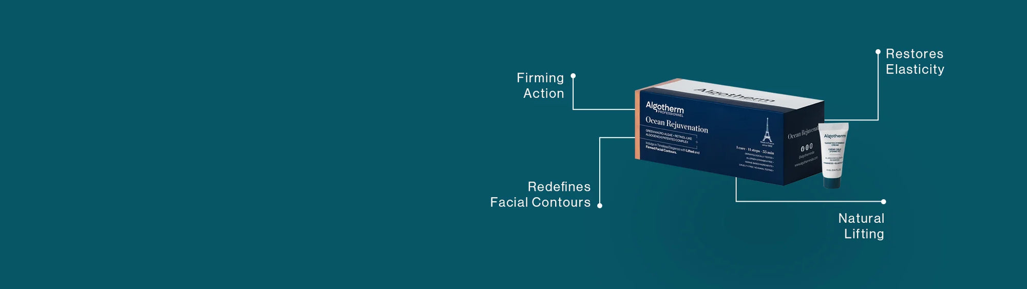 Desktop banner for Algotherm Ocean Rejuvenation, showcasing Firming Action, Restores Elasticity, Redifines Facial Contours, Natural Lifting with product visuals.