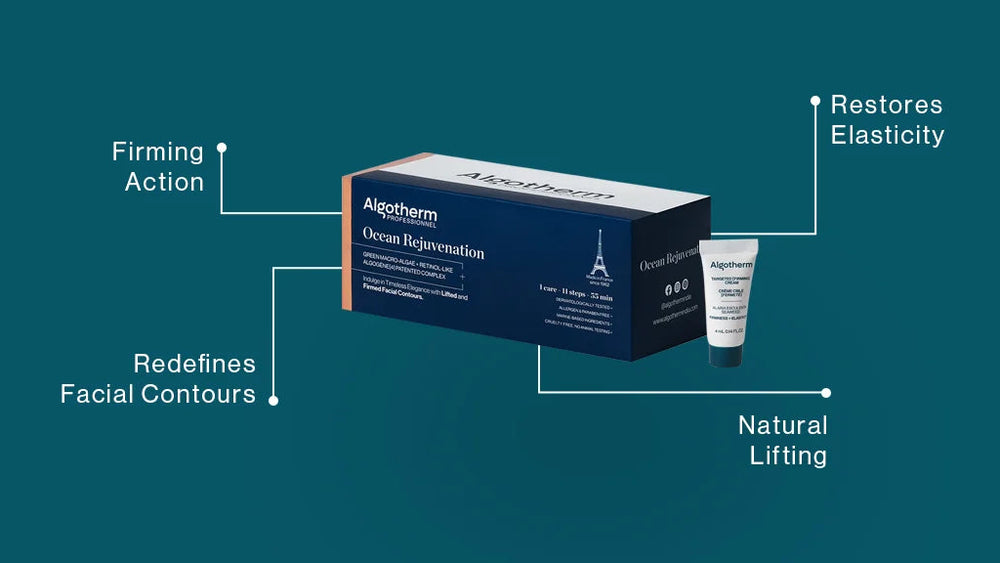 Desktop banner for Algotherm Ocean Rejuvenation, showcasing Firming Action, Restores Elasticity, Redifines Facial Contours, Natural Lifting with product visuals.