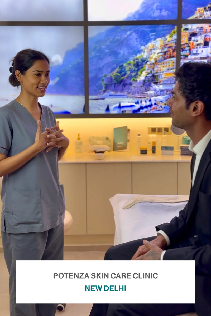 A skincare specialist discussing Algotherm treatments with a client at Potenza Skin Care Clinic in New Delhi.